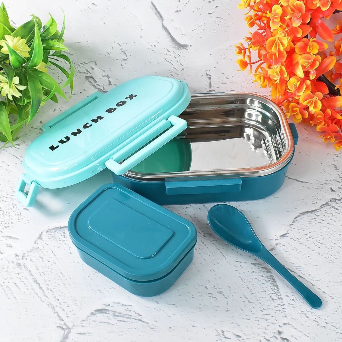 3 In 1 Spicy Bite Stainless Steel Lunch Box With Plastic Small Box Spoon (1 Set) (Multicolor) HP DD