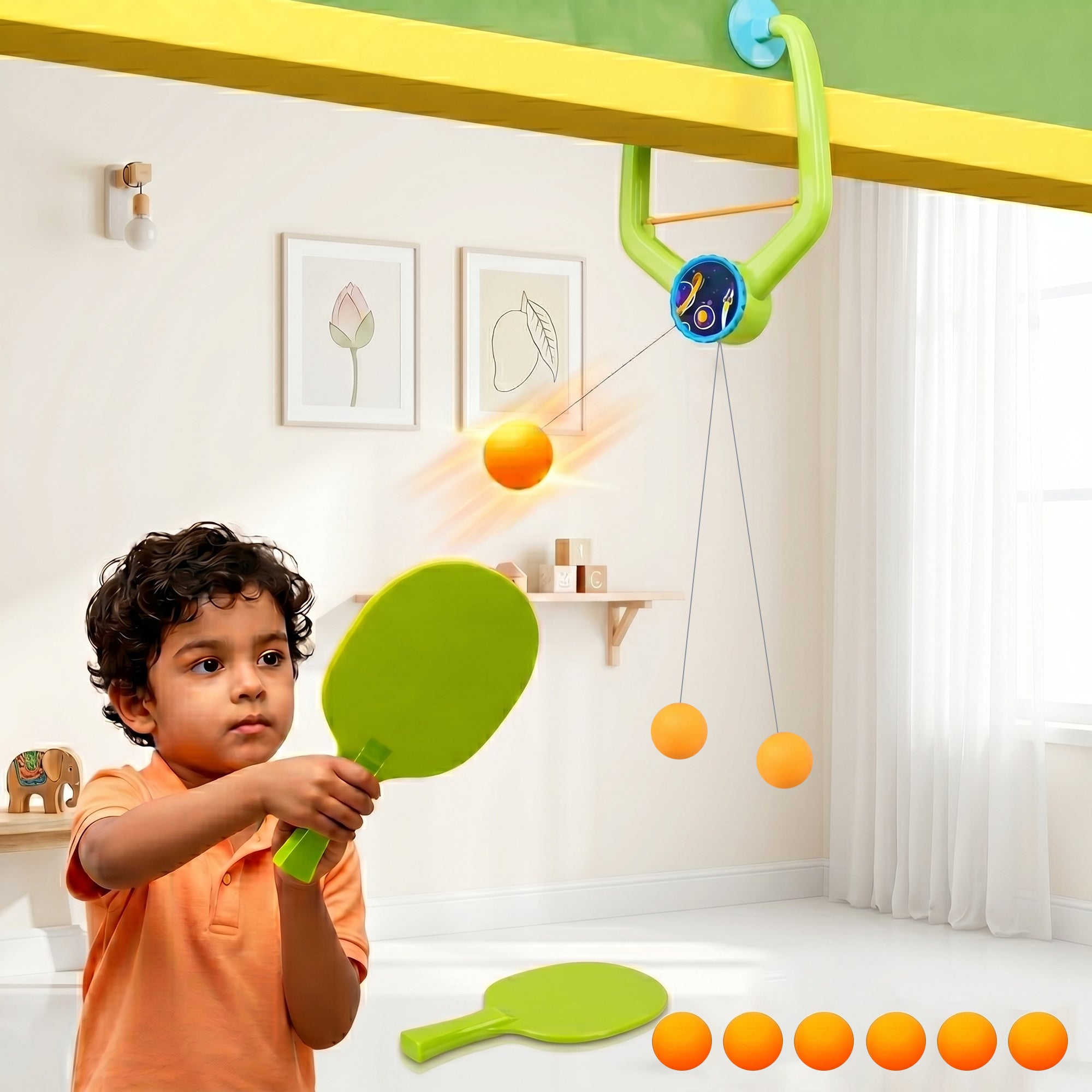 Kidology Hanging Table Tennis Self-Training Set – Indoor Ping Pong Game with 2 Rackets & 6 Balls – Portable Double Sparring Toy for Kids & Adults – Parent Child Interactive Sport Game