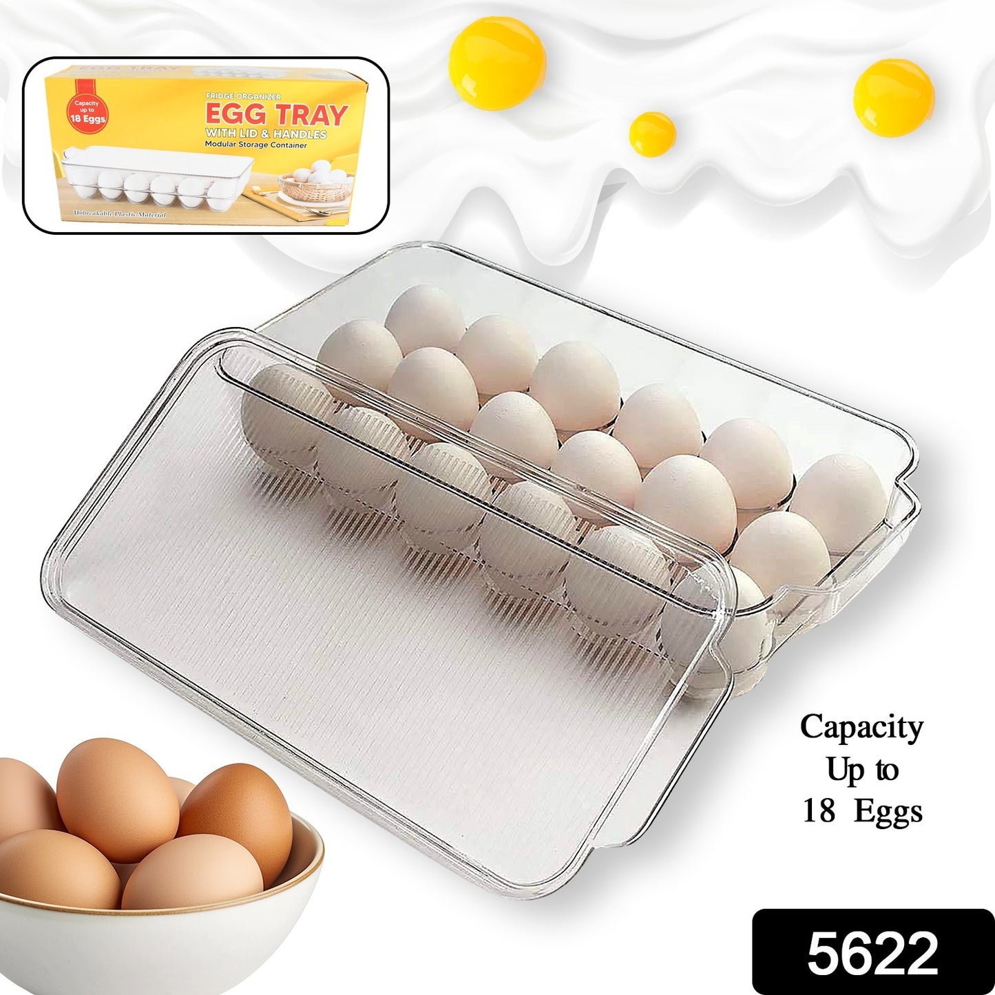 Plastic 18 Cavity Egg Storage Box Or Egg Trays For Refrigerator With Lid Handles High Quality Rectangular Egg Tray Box For 18 Egg (1 Pc)