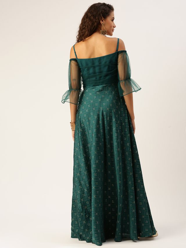 Bollywood Vogue Ready To Wear Teal Green Art Silk Foil Printed Maxi Dress