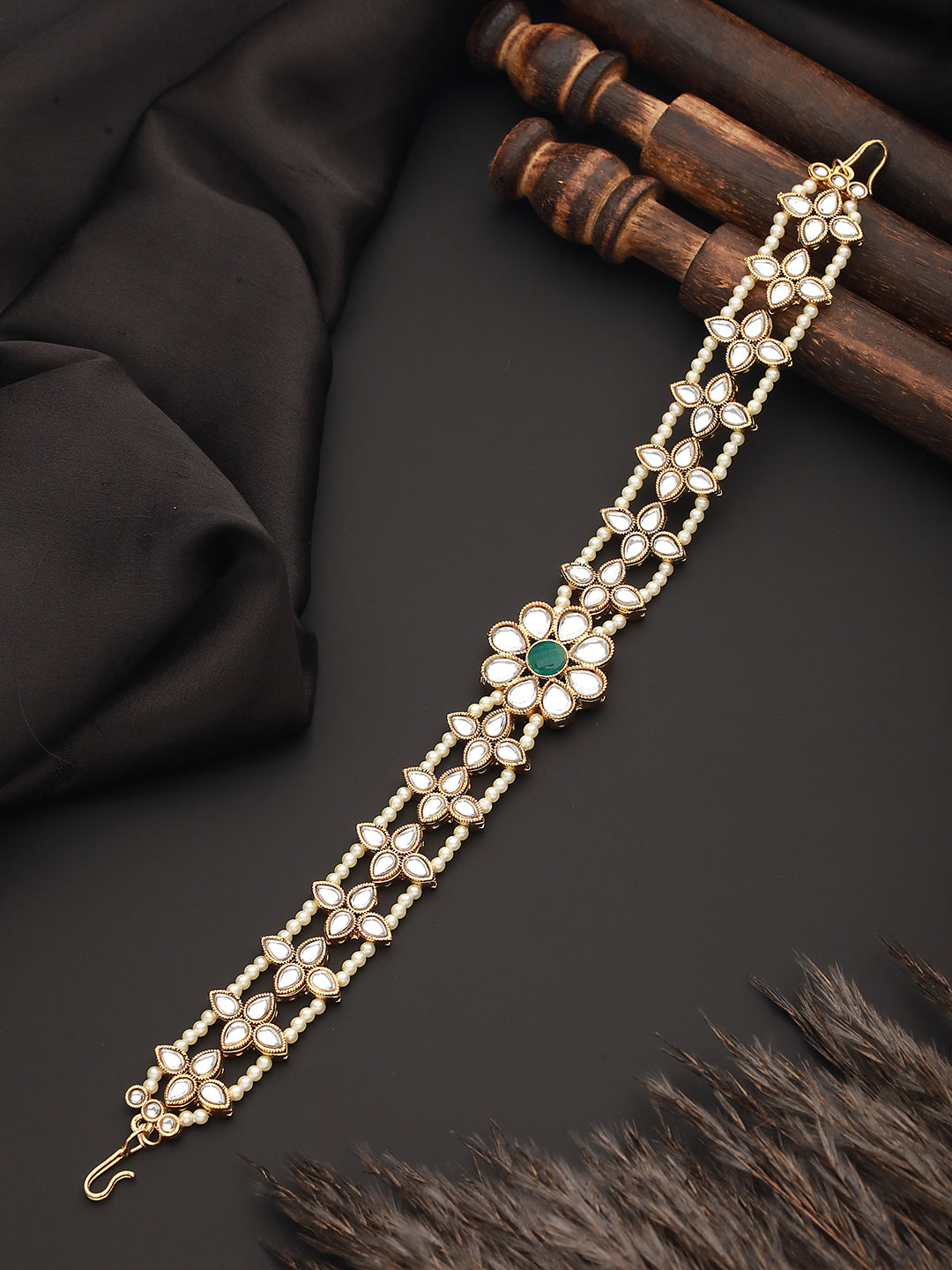 Gold Plated Green & White Kundan-Studded & Pearl Beaded Mathapatti