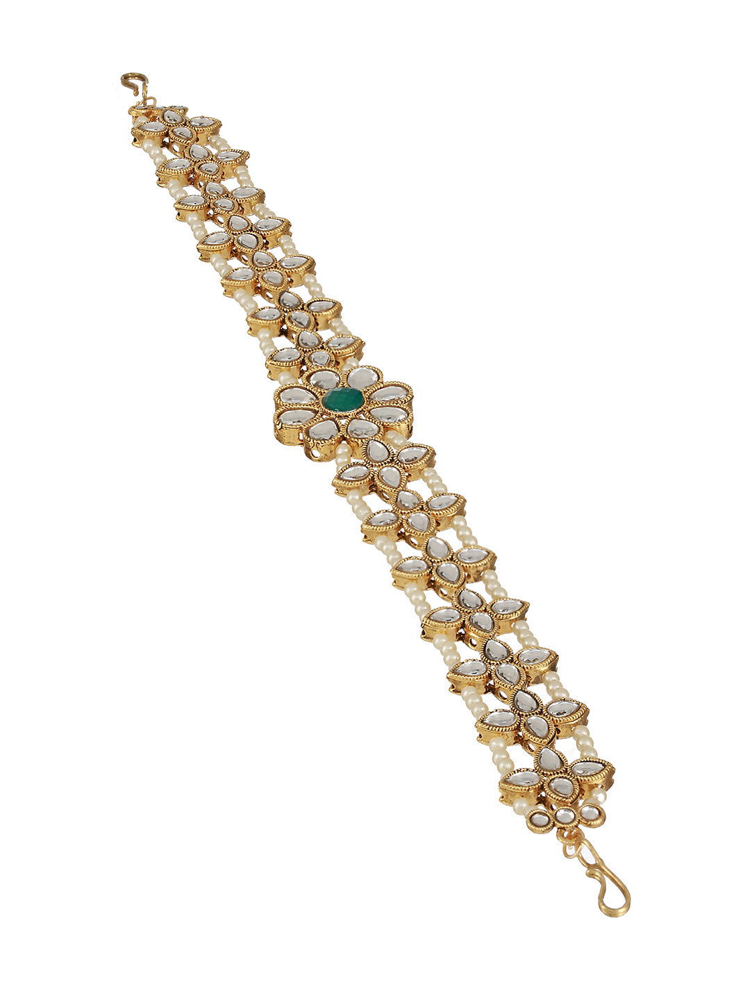Gold Plated Green & White Kundan-Studded & Pearl Beaded Mathapatti