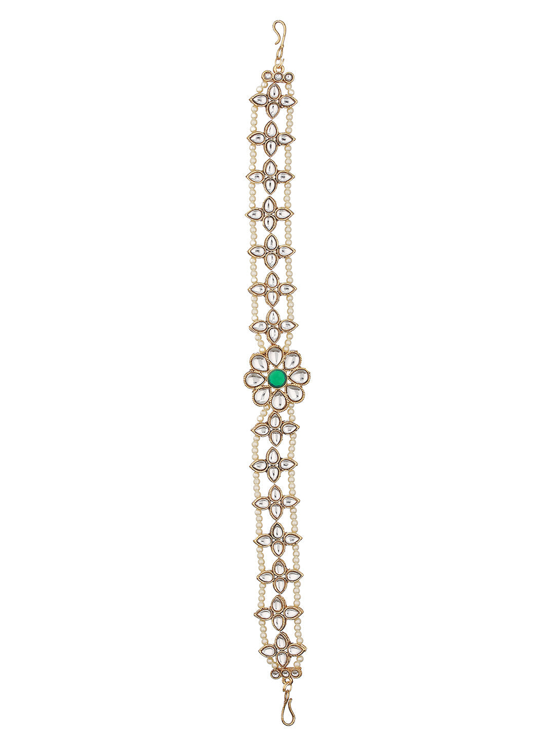 Gold Plated Green & White Kundan-Studded & Pearl Beaded Mathapatti