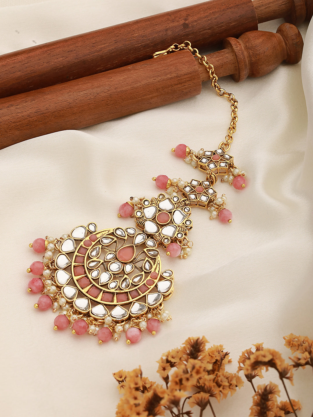 Gold-Plated Pink & White Kundan-Studded Pearl Beaded Maang Tikka