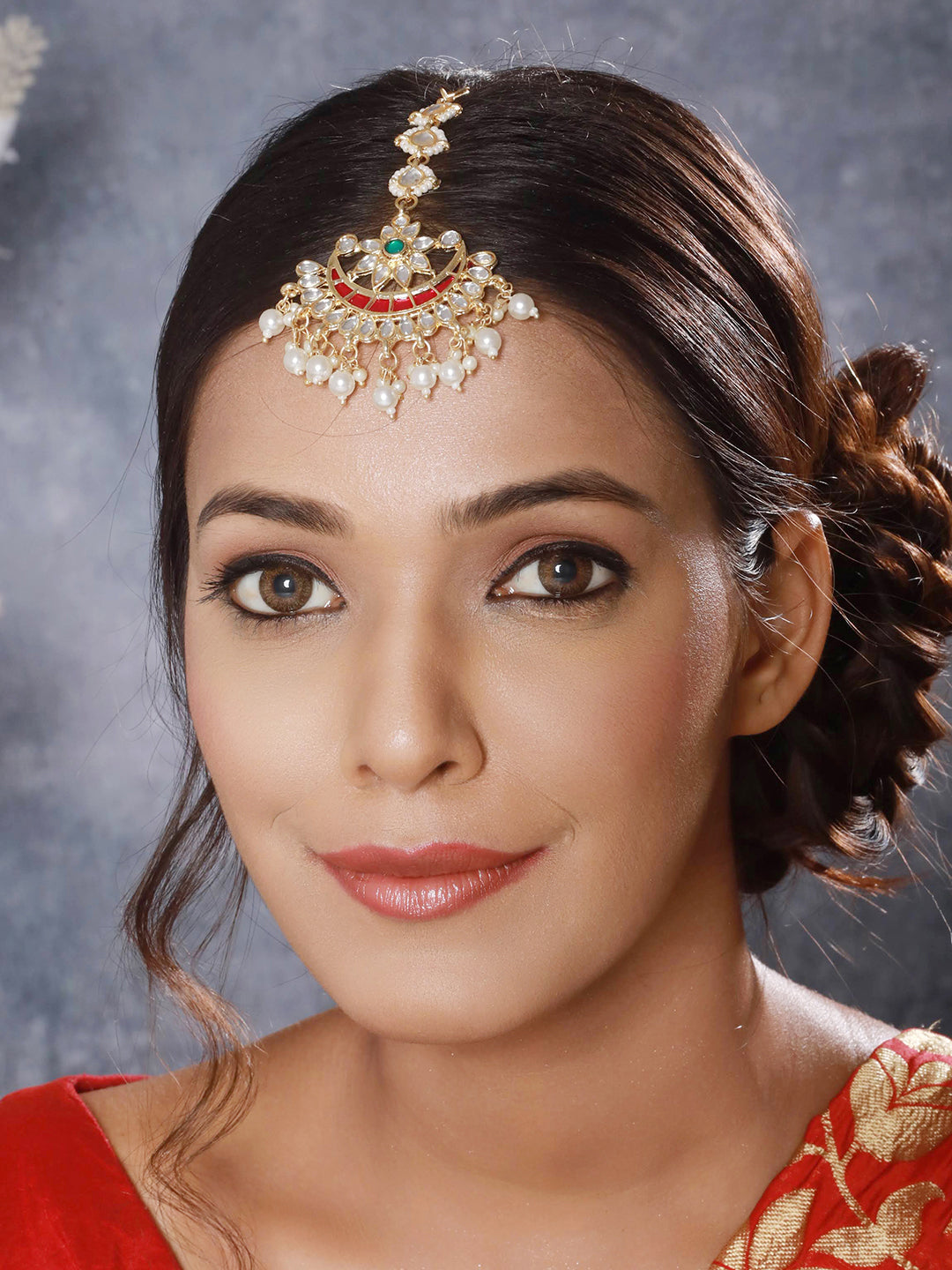 Gold-Plated Green & White Kundan Studded Pearls Handcrafted Maang Tikka