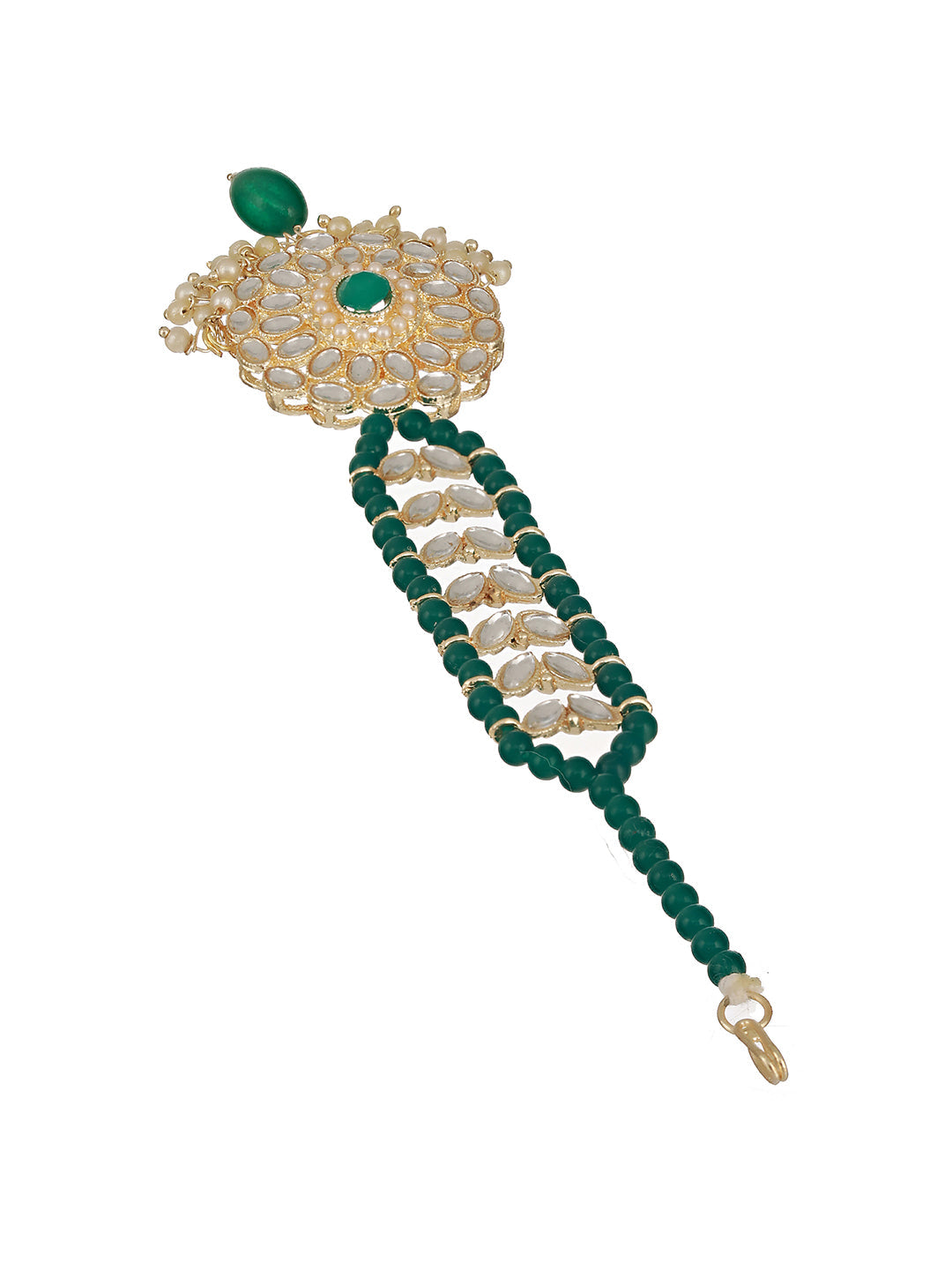 Gold-Plated Green & White Kundan Studded & Pearl Beaded Maang Tikka