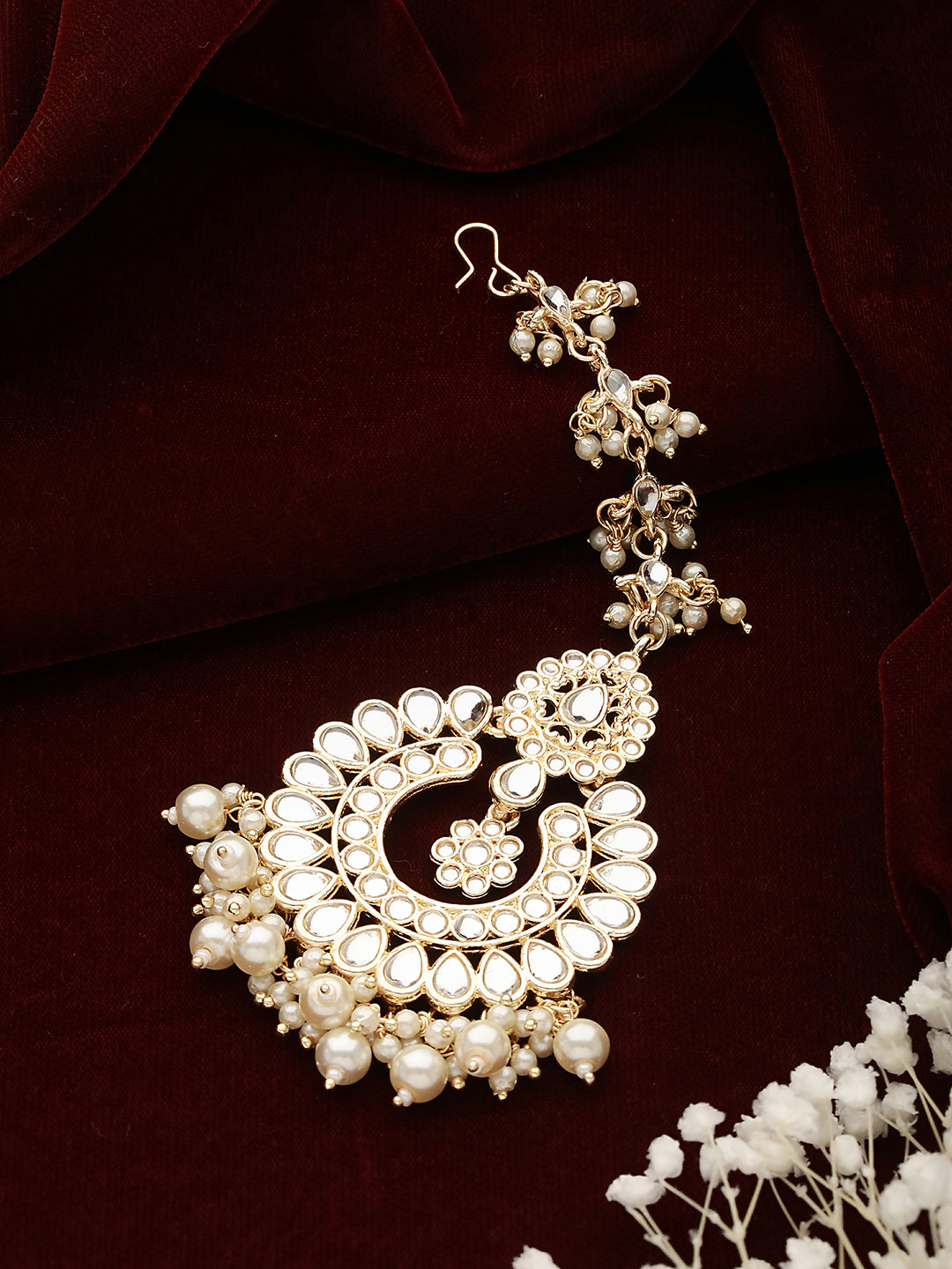 Gold-Plated White Kundan Studded & Pearl Drop Maangtikka