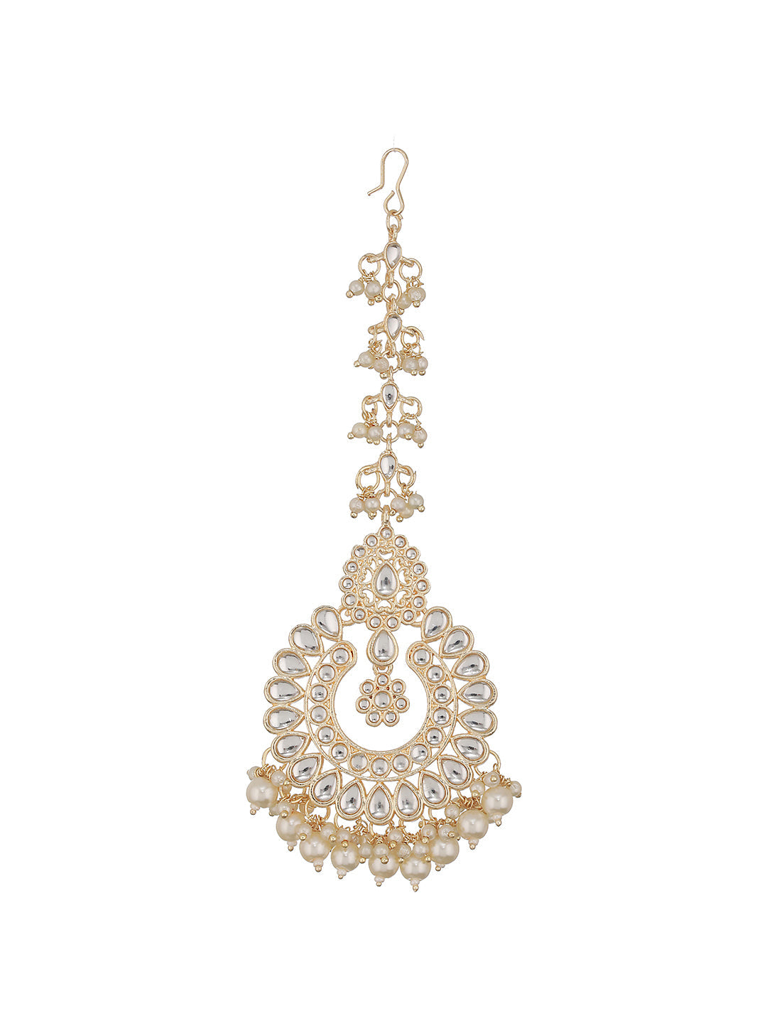 Gold-Plated White Kundan Studded & Pearl Drop Maangtikka