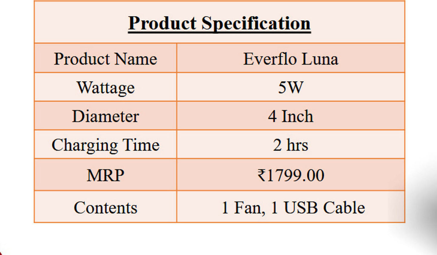 Eveready Everflo Luna Rechargeable Table Fan with LED Ring Light – Up to 7 Hours Backup HalfPe - FW -TPT