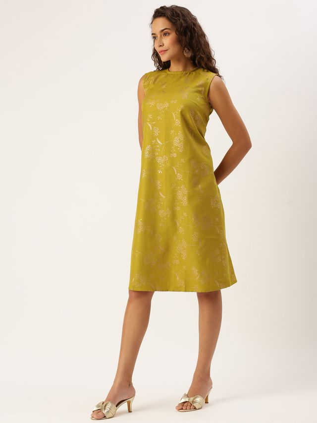 Bollywood Vogue Ready To Wear Olive Green Rayon Print Dress