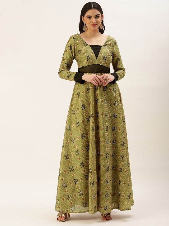 Bollywood Vogue Ready To Wear Green Printed Art Silk Cotton Gown