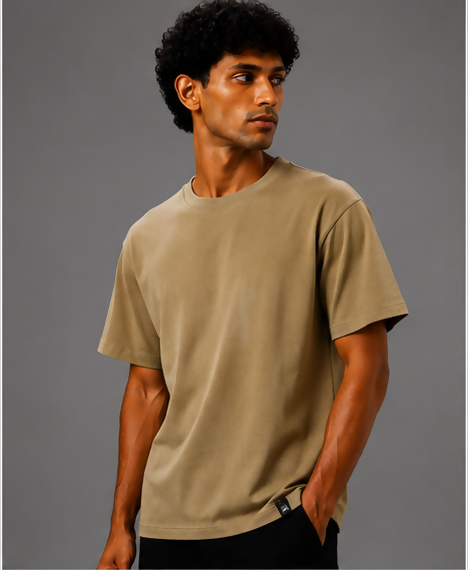 HUSTLE Men's Crew Neck Relaxed Fit T-Shirt – Khaki(relax fit)