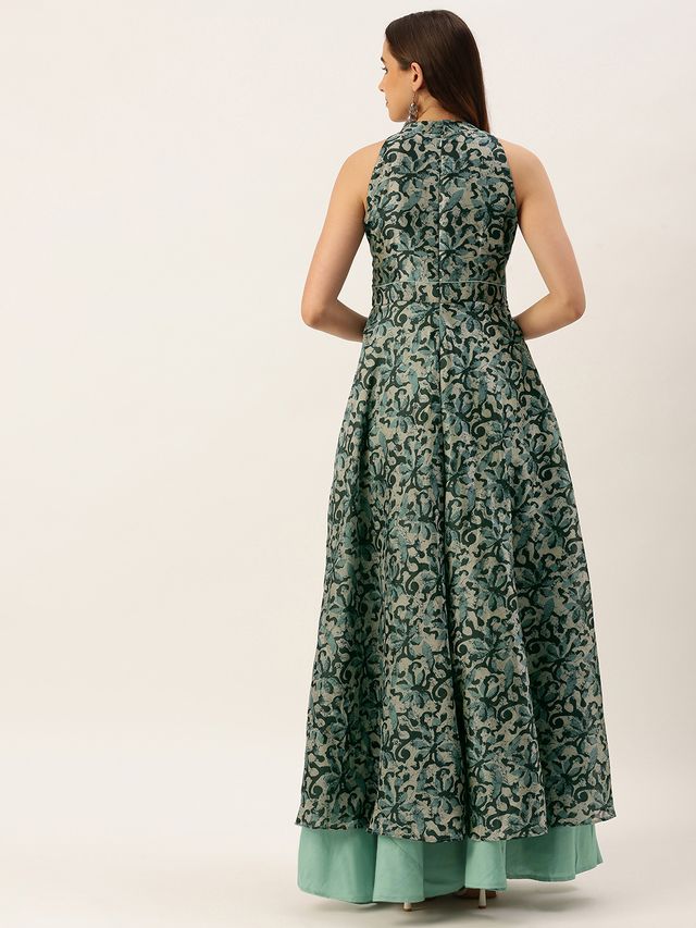 Bollywood Vogue Ready To Wear Blue Art Silk Digital Printed Halter Neck Dress