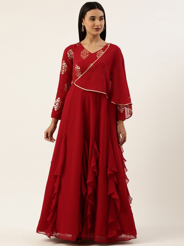 Bollywood Vogue Ready To Wear Maroon Embroidered Georgette Kali Flared Gown