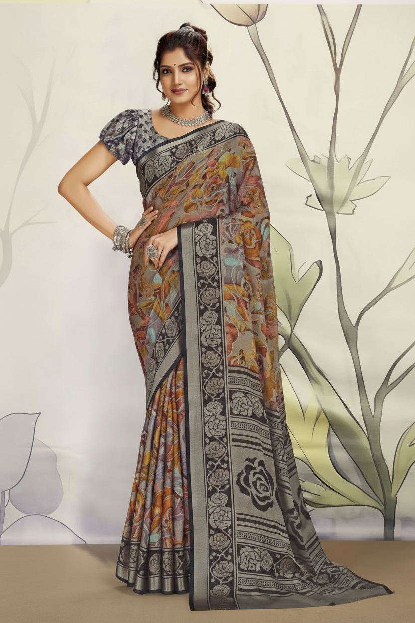 Elegant Floral Printed Saree with Contrast Border & Designer Blouse Kalyani silks and sarees