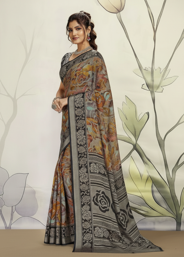 Elegant Floral Printed Saree with Contrast Border & Designer Blouse Kalyani silks and sarees
