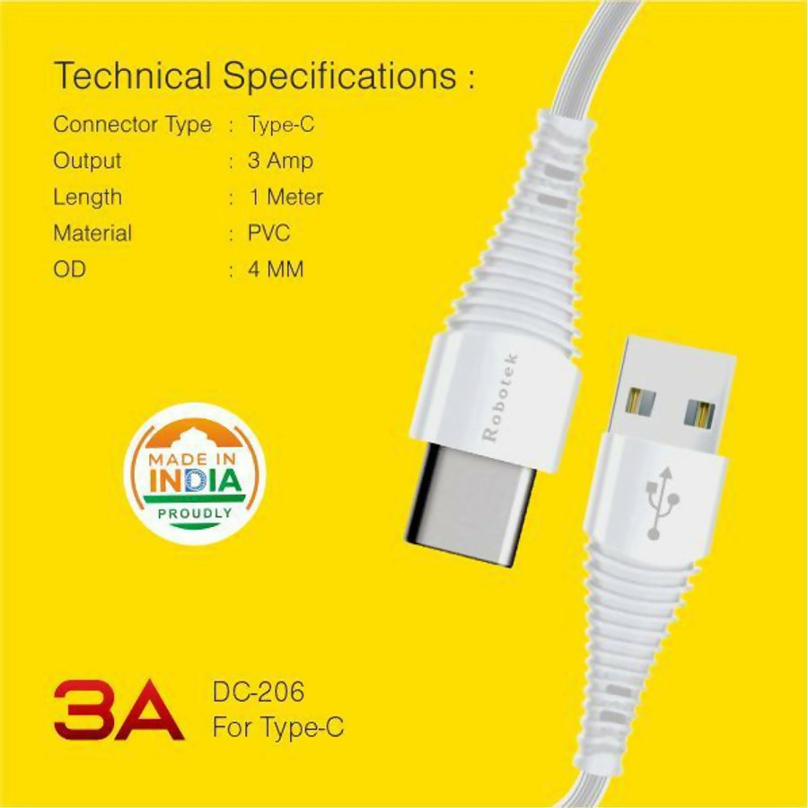 Robotek USB Type C Cable 1 m DC 106 Type-C (Compatible with Mobile, White, NA)