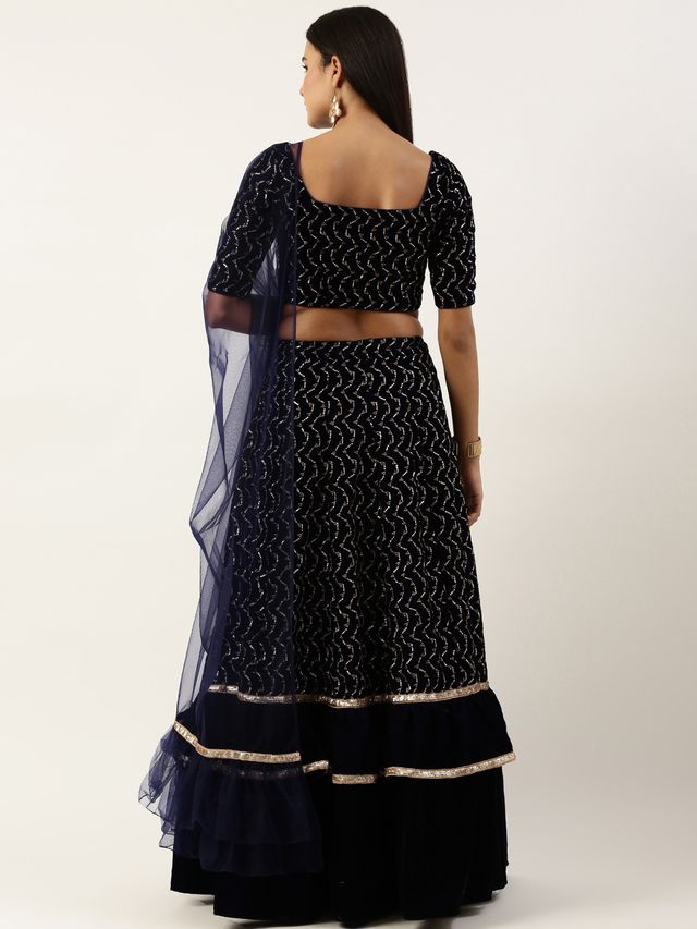 Bollywood Vogue Ready To Wear Blue Velvet Embroidered Lehenga Set