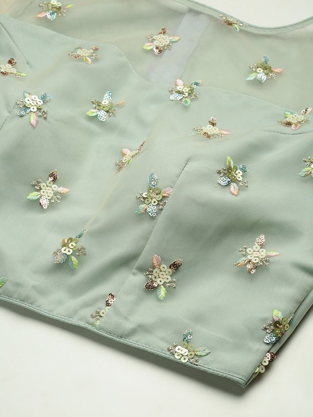 Bollywood Vogue Ready To Wear Light Peach N Green Embroidered Crop Top N Skirt