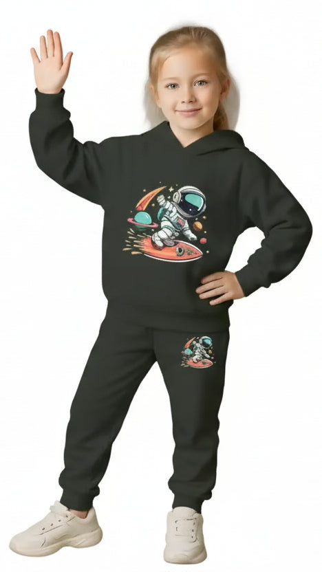 Kids Hooded Sweatshirt & Jogger Set – Astronaut Space Surf Print Casual Wear (Green) Luck Fashion
