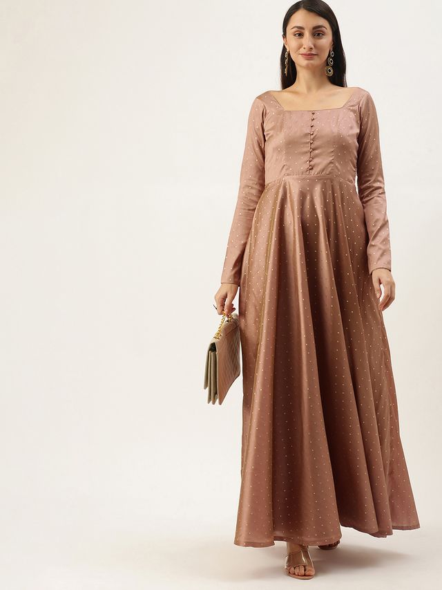 Bollywood Vogue Ready To Wear Peach Jacquard Fit N Flare Dress