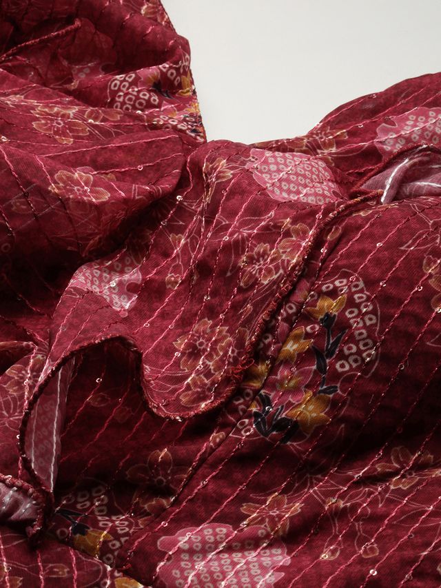 Bollywood Vogue Ready To Wear Wine Georgette Digital Print V Neck Gown