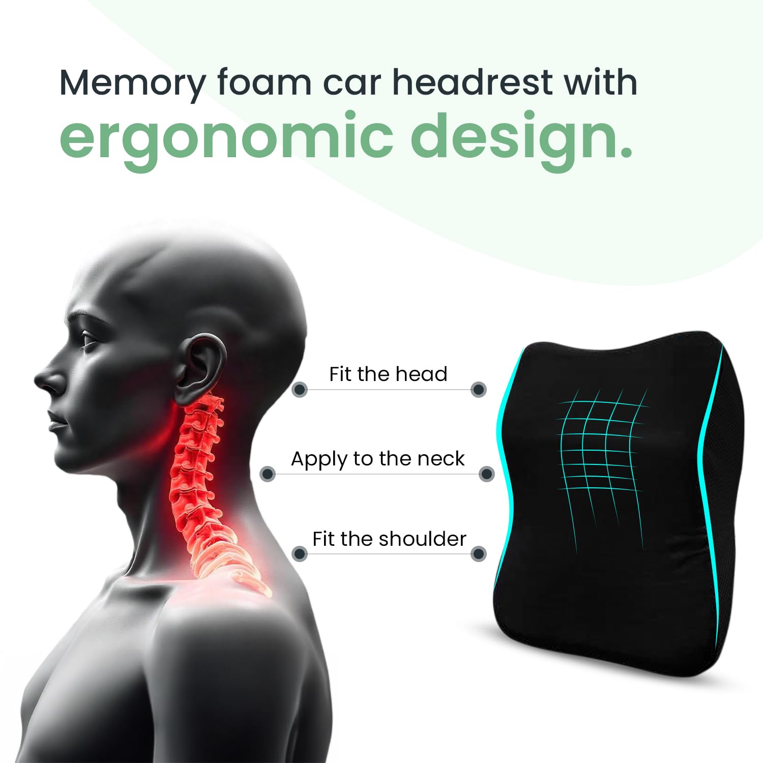 Sleepsia Car Neck Pillow for Head & Cervical Support | 100% Memory Foam | Ergonomic Car Seat Headrest Cushion – Relieves Neck Pain (Black)