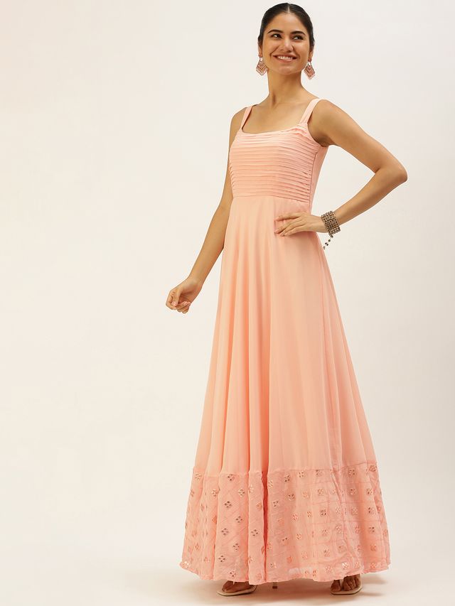 Bollywood Vogue Ready To Wear Peach Embroidered Gown With Jacket