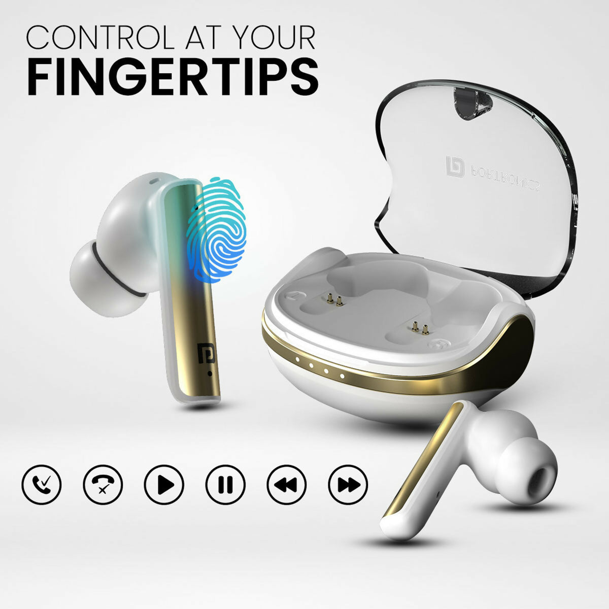 Portronics Harmonics Twins S7 TWS Earbuds, 35H Playtime, ENC, Bluetooth 5.3, Type-C – White
