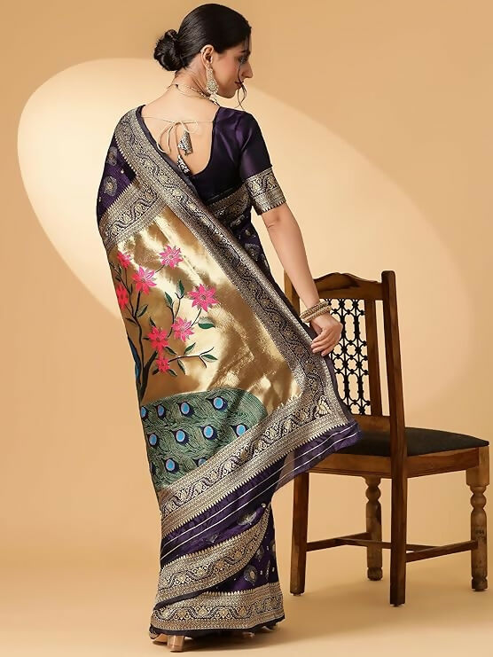AXONIT Jacquard Silk Saree – Golden Zari Peacock Design, Festive Wear