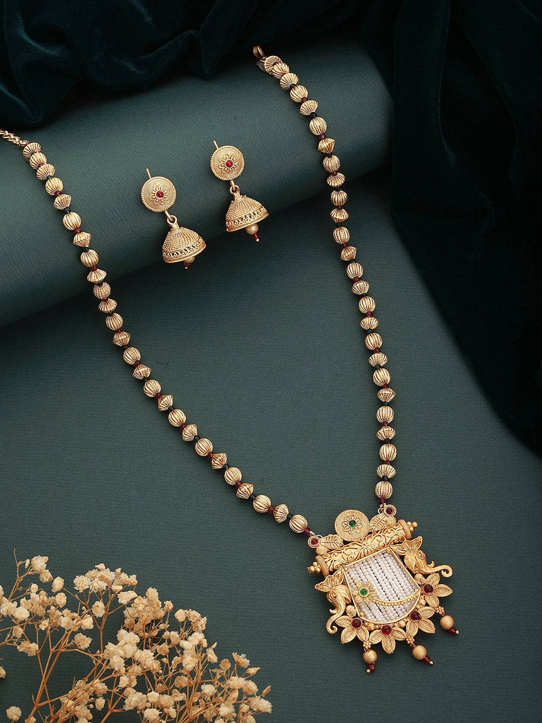 24K Gold-Plated & Red Stone Studded & Pearl Beaded Handcrafted Traditional Necklace Set