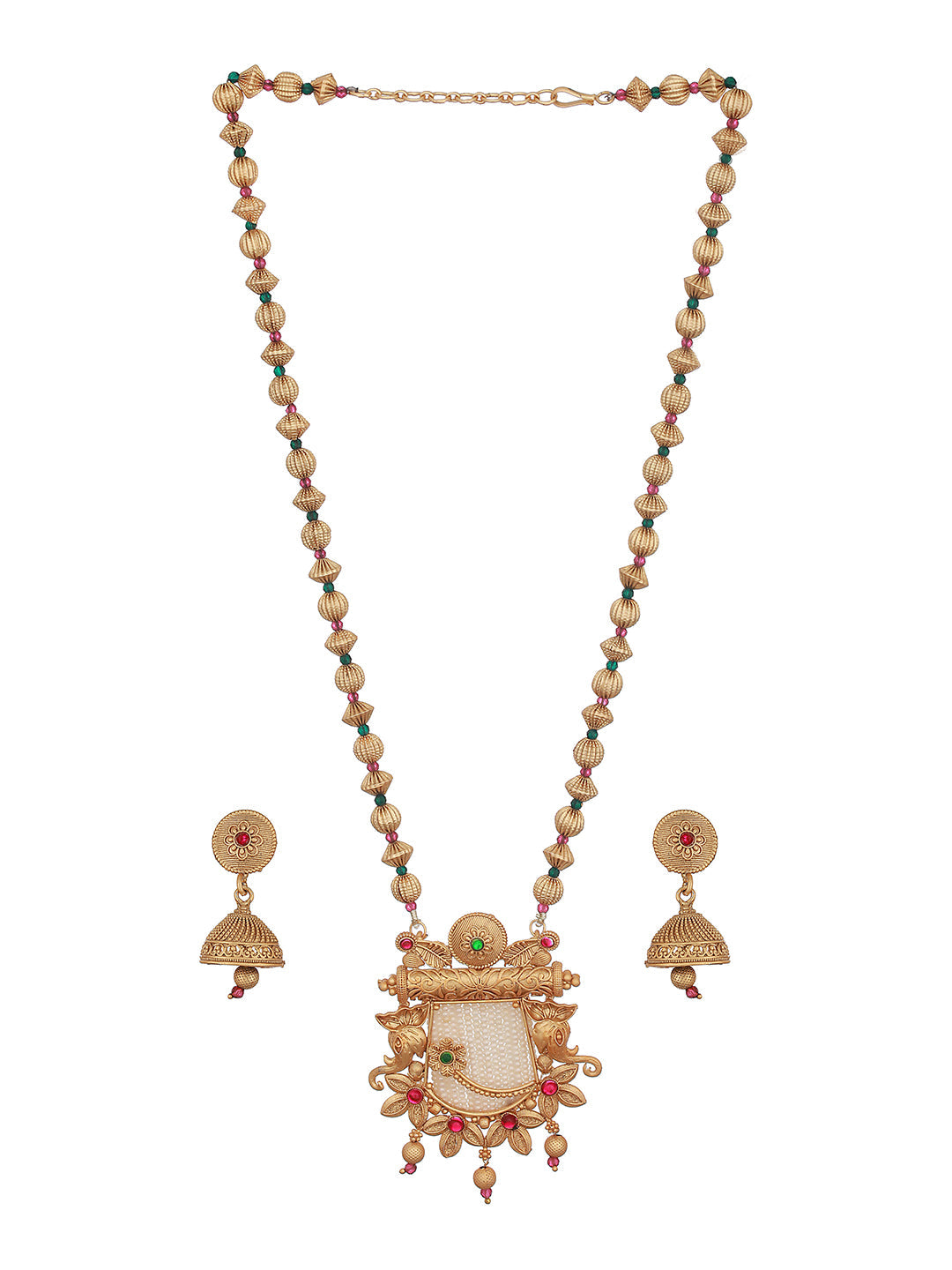 24K Gold-Plated & Red Stone Studded & Pearl Beaded Handcrafted Traditional Necklace Set