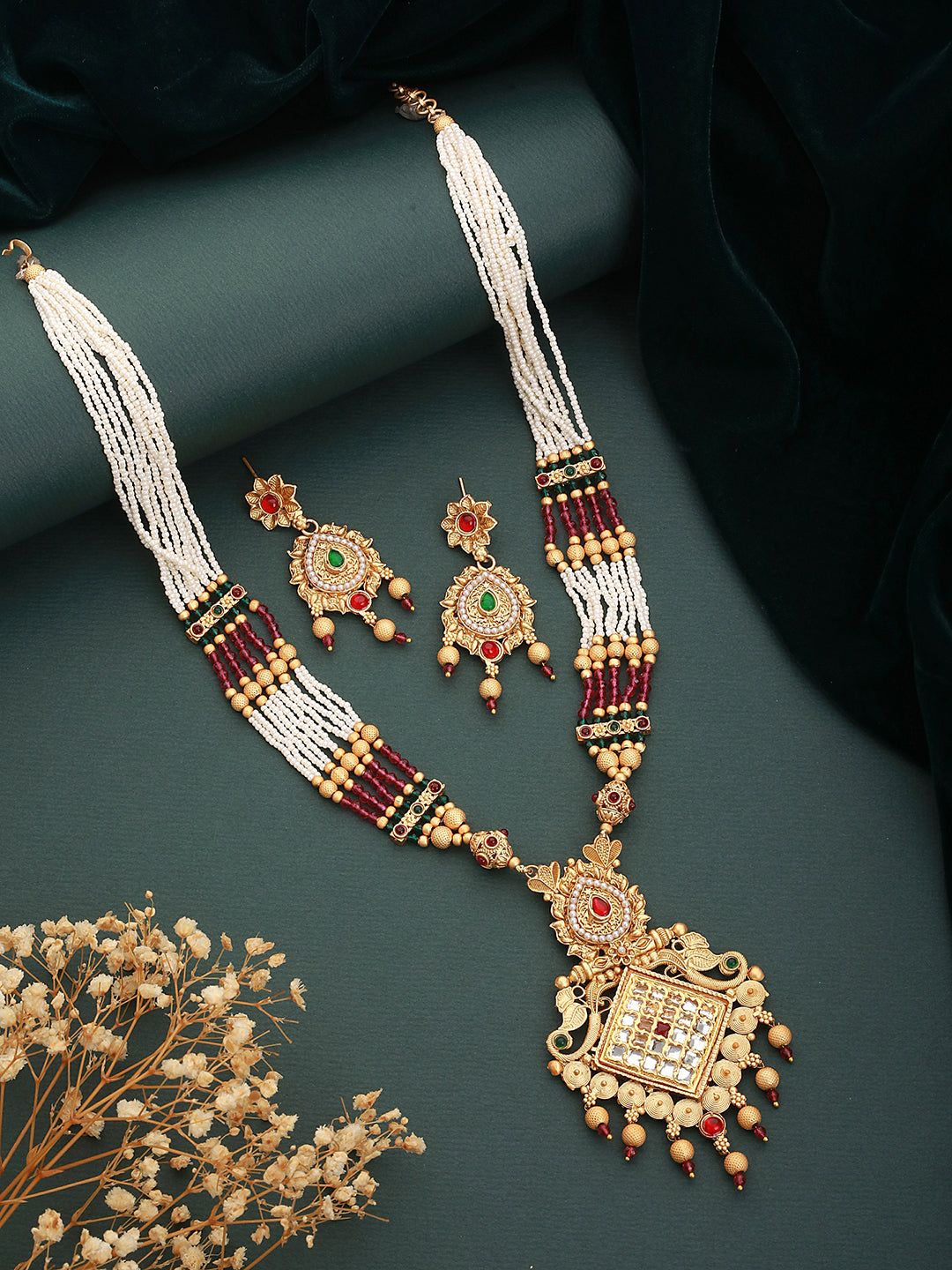 24K Gold-Plated White & Purple Beaded Handcrafted Traditional Necklace Set