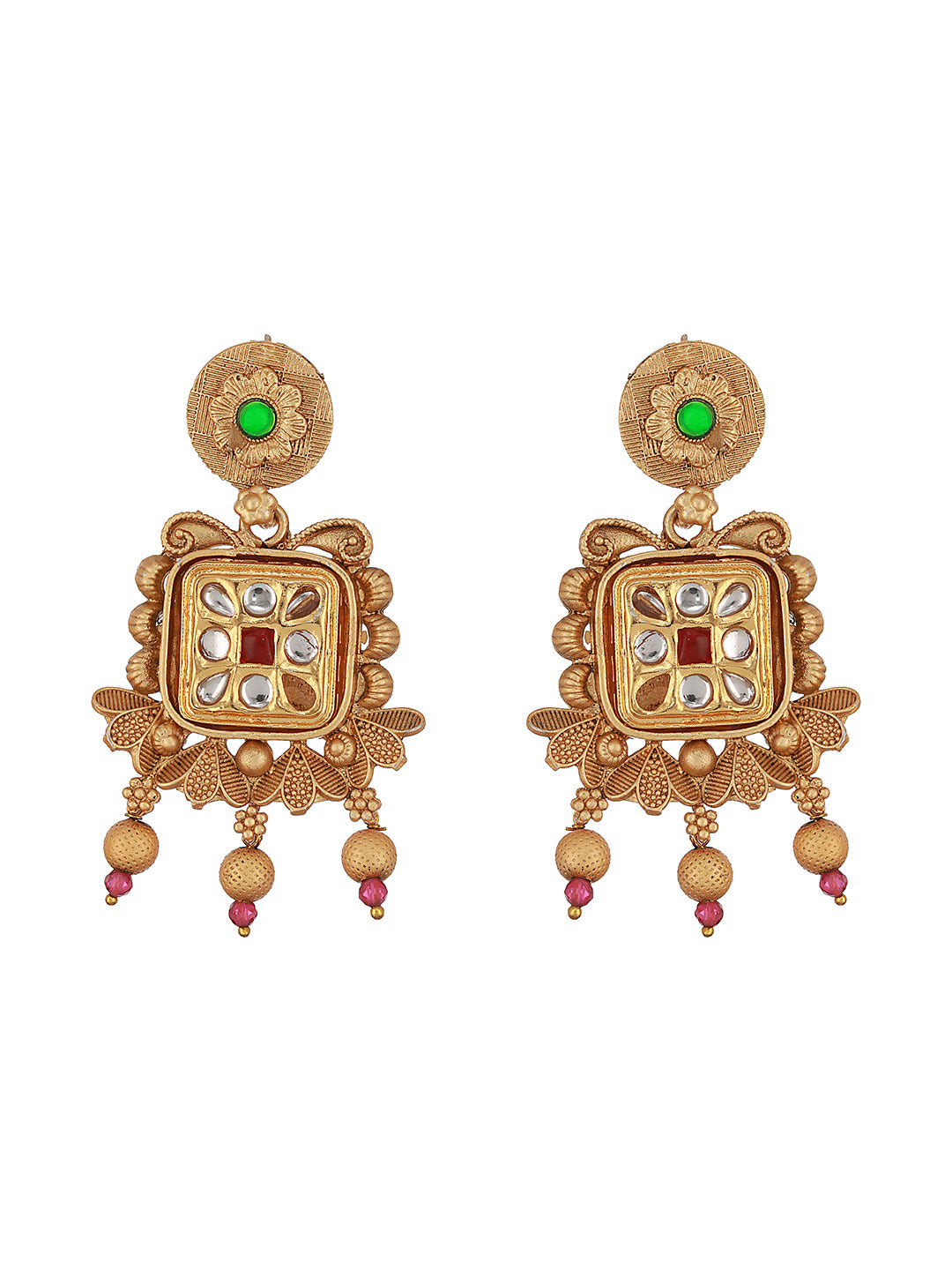 24K Gold-Plated Red & Greed Stone Studded Beaded Handcrafted Traditional Necklace Set