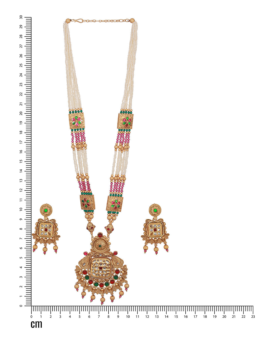 24K Gold-Plated Red & Greed Stone Studded Beaded Handcrafted Traditional Necklace Set