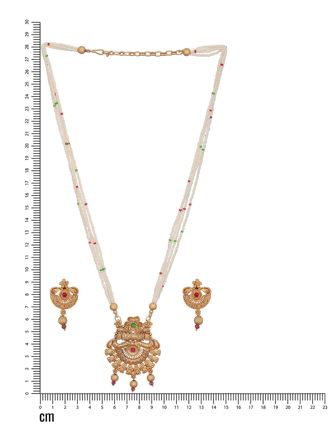 Gold-Plated Red Stone Studded & White Pearl Beaded Traditional Jewellery Set