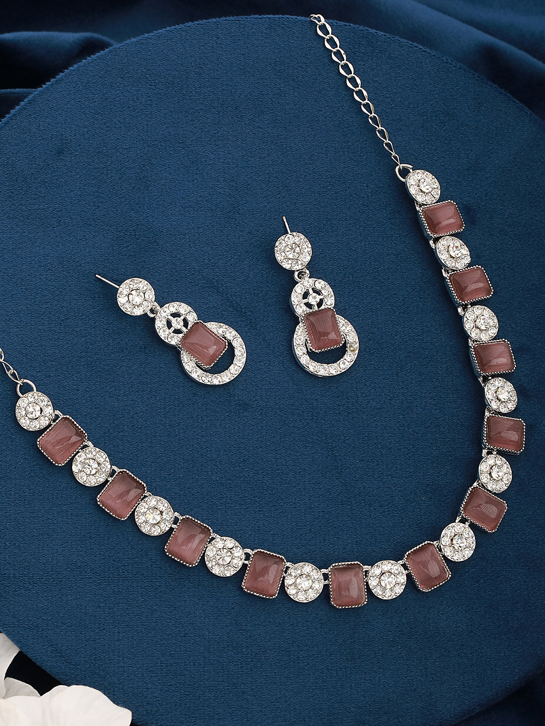 Silver-Plated Wine Stone & White Ad-Studded Necklace And Earrings