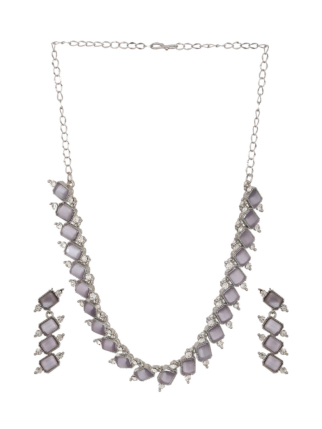 Silver-Plated Grey Stone & White Ad-Studded Necklace And Earrings