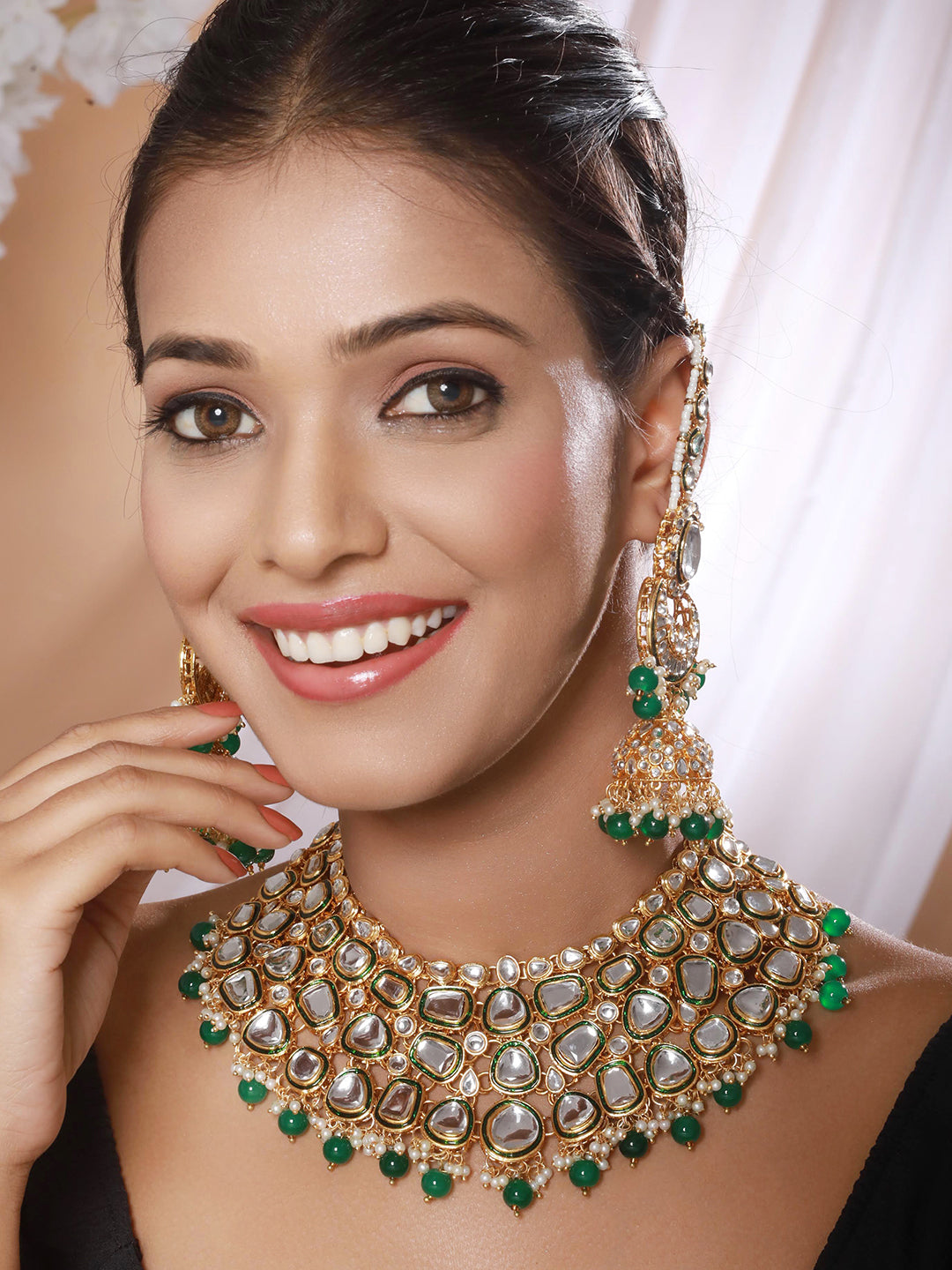 Gold-Plated Green & White Kundan-Studded & Beaded Handcrafted Jewellery Set