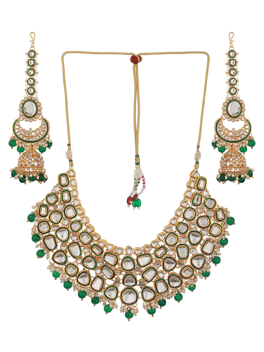 Gold-Plated Green & White Kundan-Studded & Beaded Handcrafted Jewellery Set