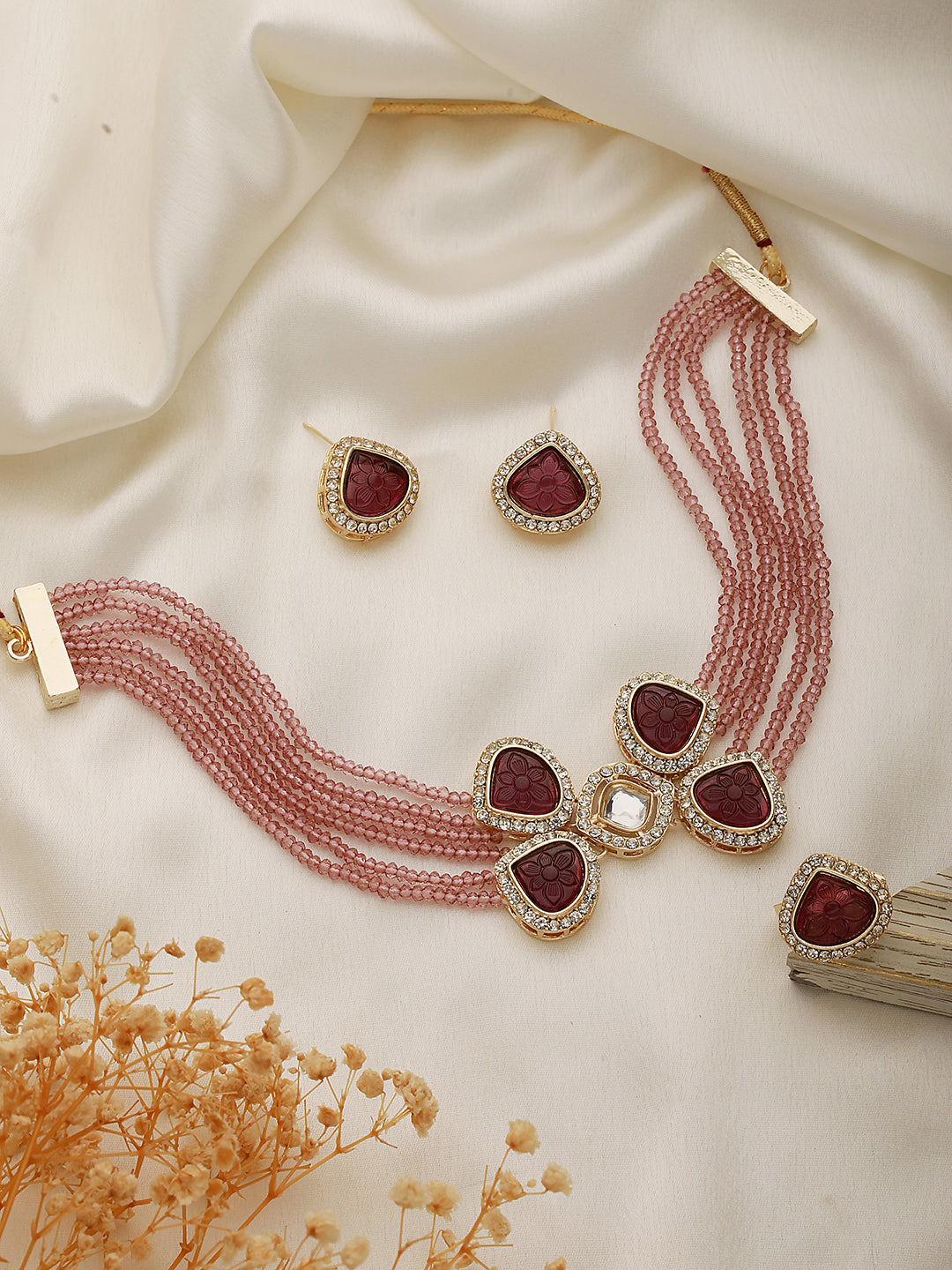 Gold-Plated Purple Kundan Studded & Beaded Jewellery Set With Ring