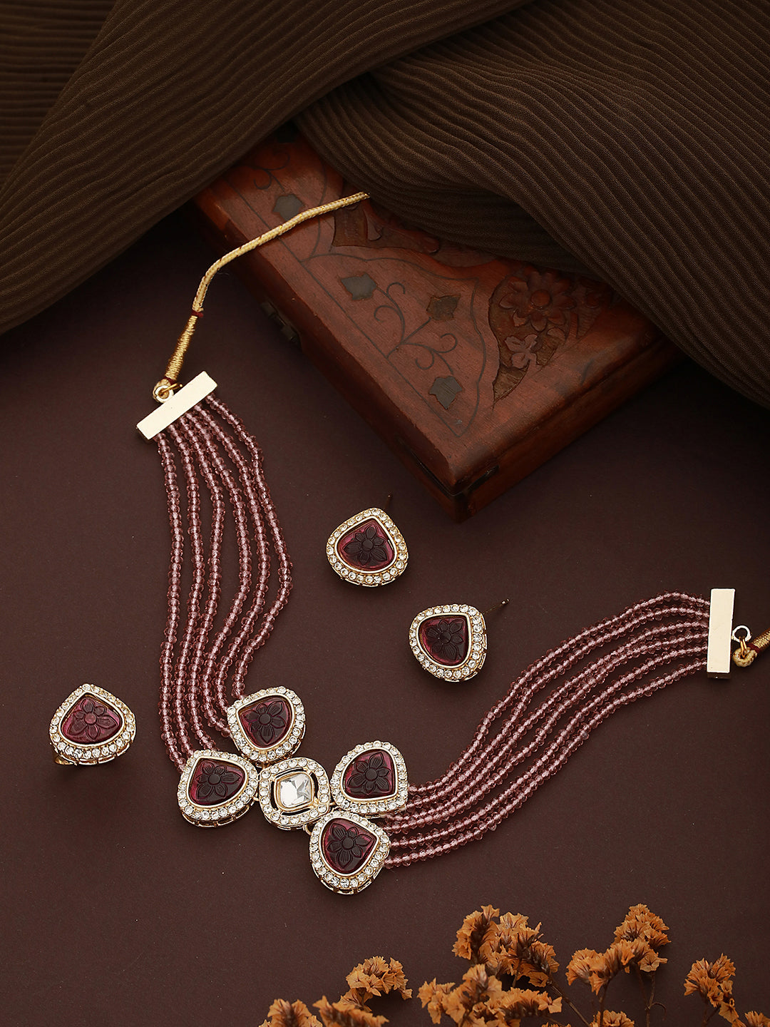 Gold-Plated Purple Kundan Studded & Beaded Jewellery Set With Ring