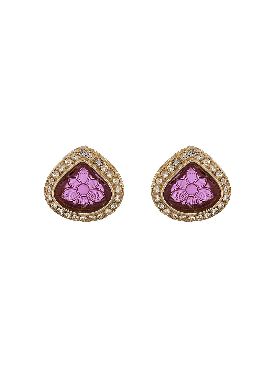 Gold-Plated Purple Kundan Studded & Beaded Jewellery Set With Ring