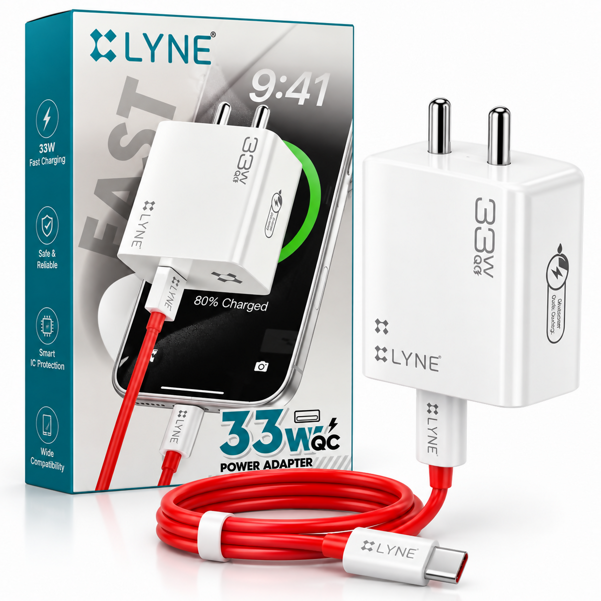 LYNE Chamber 28C Pro 33W QC Fast Charger with USB Output & 1M USB to Type-C Cable