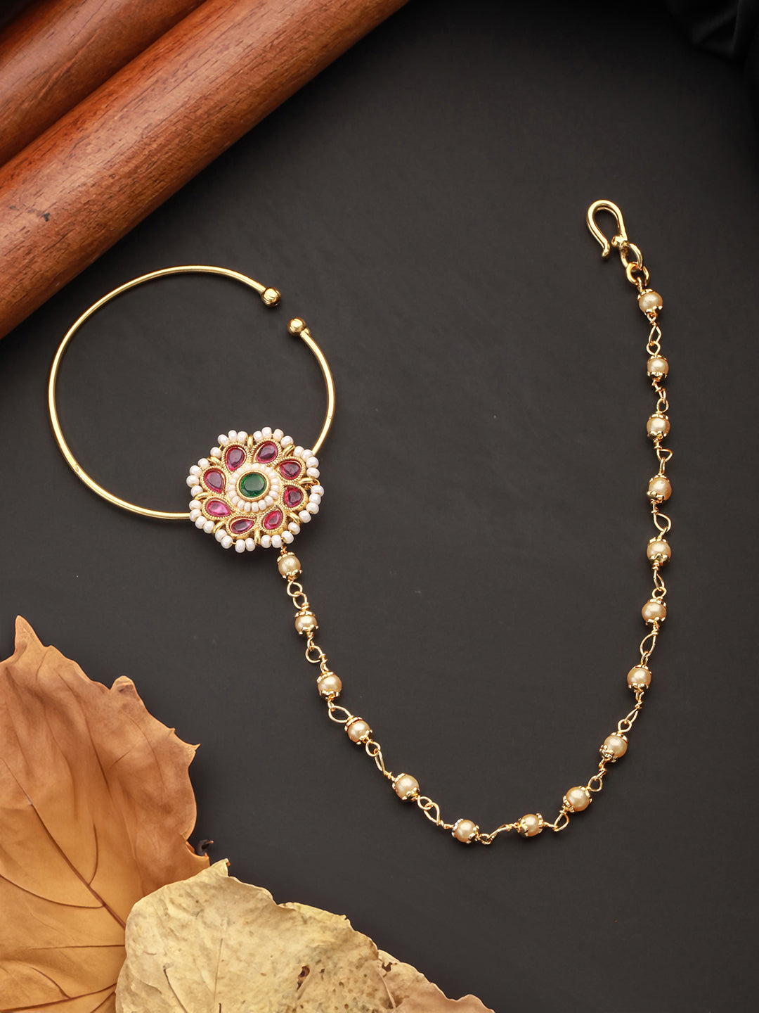 Set Of 2 Gold-Plated Green & White Kundan Studded Flower Clip-On Nosepin