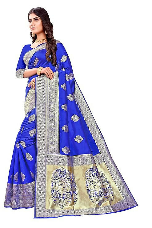 AXONIT Jacquard Silk Saree with Heavy Golden Zari Butta & Antique Gold Border