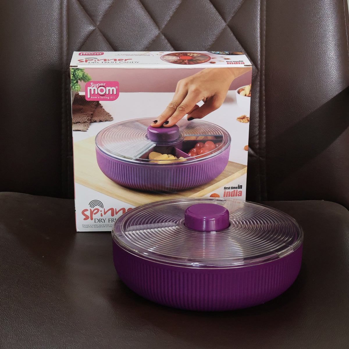 Supermom Multipurpose Round Rotating Dry Fruit & Snack Storage Container with Transparent Lid and Divided Compartments (1 Pc)