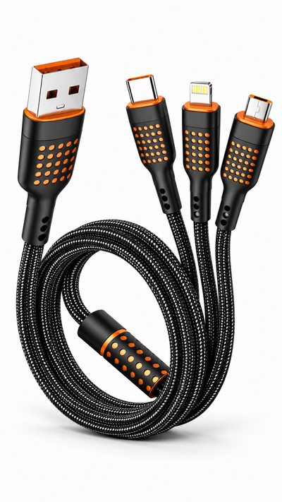 LYNE Flexy 34 3-in-1, 65W Fast Charging Data Cable – Type-C + Lightning + Micro USB, 1 Metre, Black & White