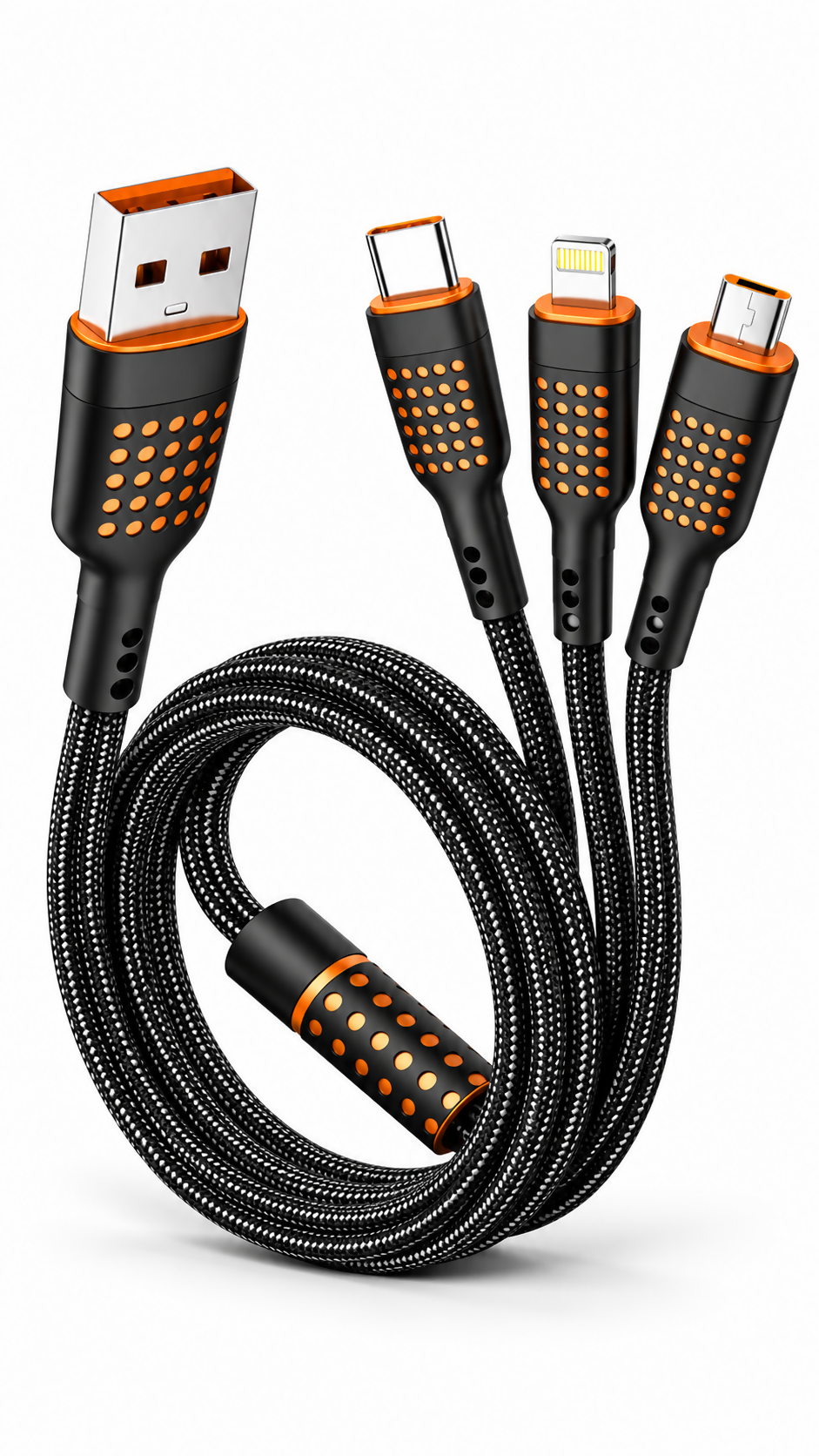 LYNE Flexy 34 3-in-1, 65W Fast Charging Data Cable – Type-C + Lightning + Micro USB, 1 Metre, Black & White