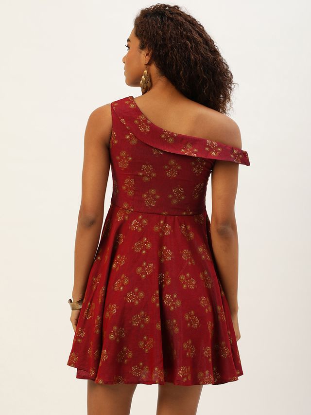 Bollywood Vogue Ready To Wear Maroon Printed One Shoulder Dress